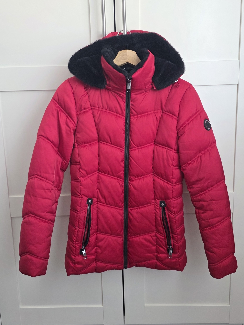 Red Puffer Jacket with Faux Fur Hood